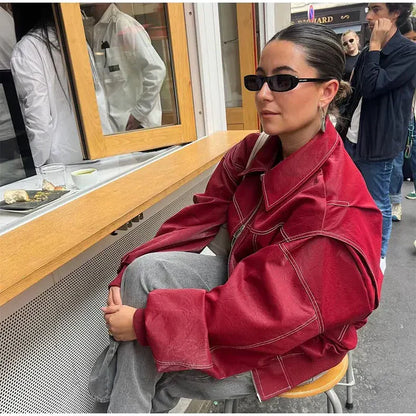 AGNERA – Chaqueta bomber oversize de efecto cuero para mujer con costuras en contraste