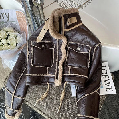 THALASSA - Chaqueta de cuero con cremallera, forro polar y bolsillos delanteros para mujeres