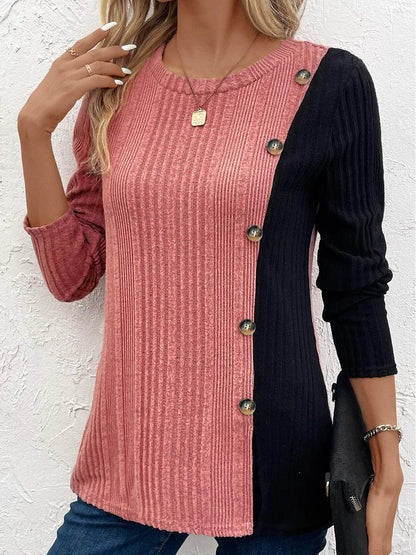 ANNALISA - Camiseta de manga larga con detalles de bloques de color y ribetes con botones para mujeres