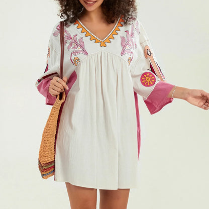 Vestido tipo túnica de mujer con escote en V y bordados decorativos – MABRIELA