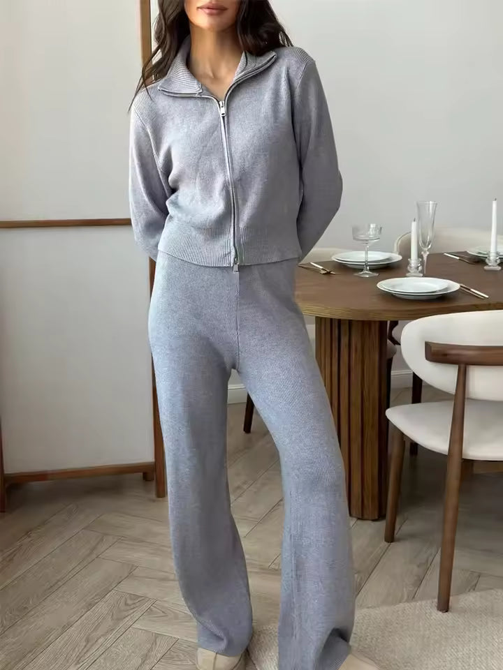 Conjunto de dos piezas para mujer con chaqueta de cremallera y pantalón ancho – LUNARIA