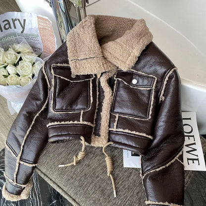 THALASSA - Chaqueta de cuero con cremallera, forro polar y bolsillos delanteros para mujeres