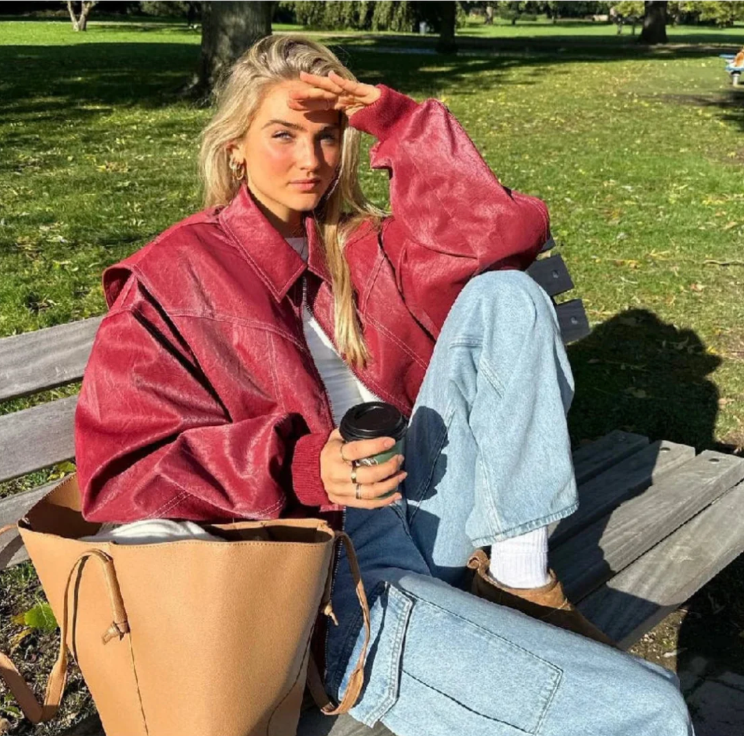 AGNES - Chaqueta bomber de cuero oversize con costuras contrastantes para mujeres