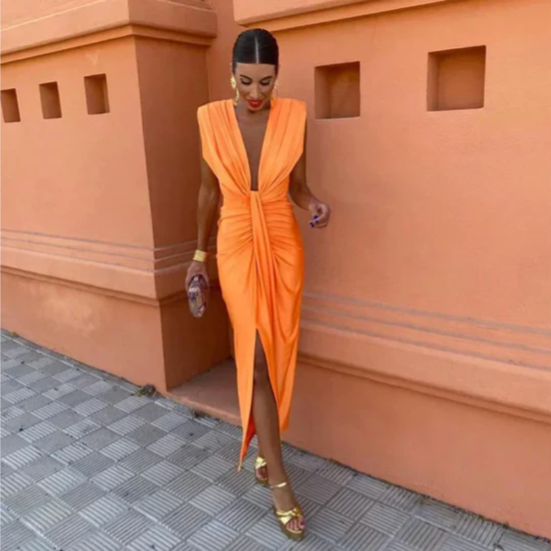 Vestido midi elegante para mujer con plisado y escote en pico – MAELYS