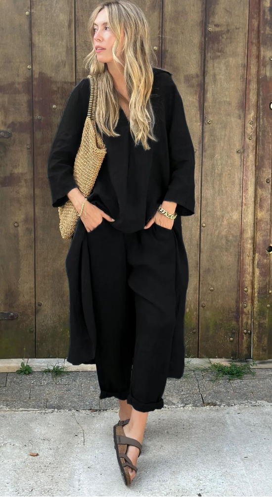 Conjunto de verano de dos piezas con top sin mangas y pantalón fluido – JUNA