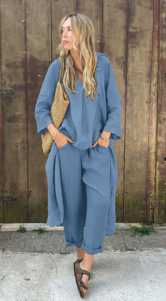 Conjunto de verano de dos piezas con top sin mangas y pantalón fluido – JUNA