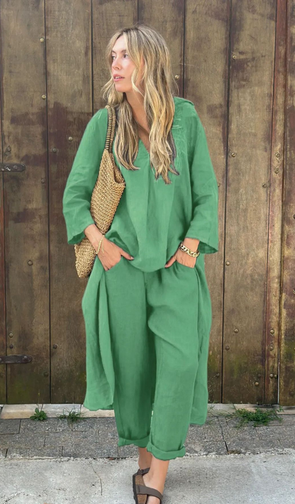 Conjunto de verano de dos piezas con top sin mangas y pantalón fluido – JUNA