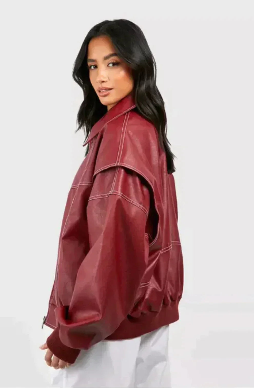 AGNES - Chaqueta bomber de cuero oversize con costuras contrastantes para mujeres