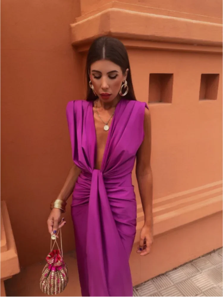 Vestido midi elegante para mujer con plisado y escote en pico – MAELYS