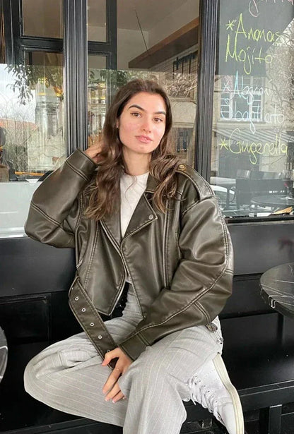 Cazadora biker oversize de polipiel con cinturón para mujer – ZARELLE