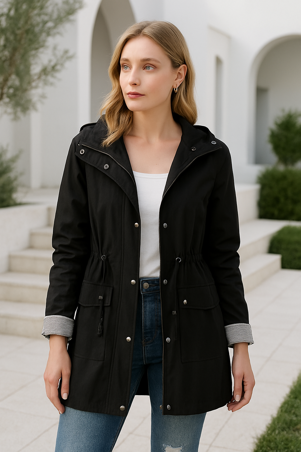 Chaqueta ligera para mujer con capucha y cordón ajustable – TAMIRA