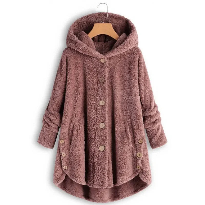 Abrigo de peluche para mujer con capucha y botones – LURENA