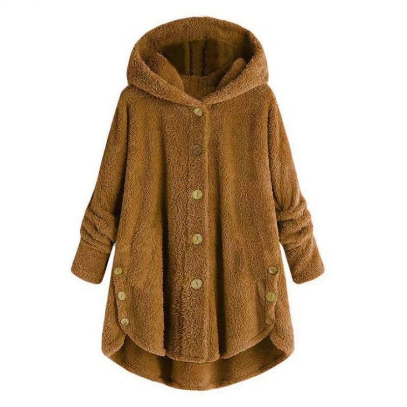 Abrigo de peluche para mujer con capucha y botones – LURENA