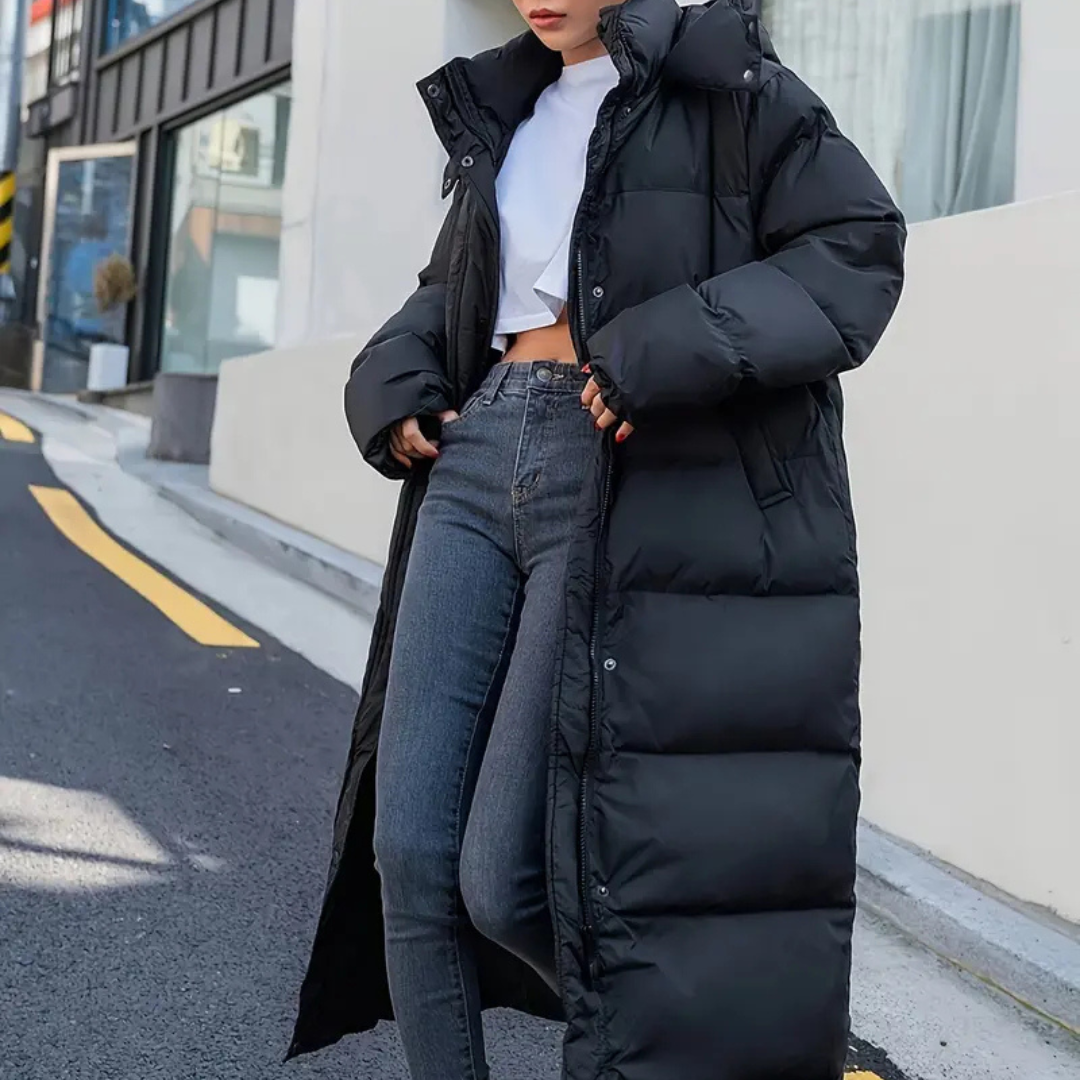 Abrigo largo tipo puffer para mujer con capucha – SIMARA