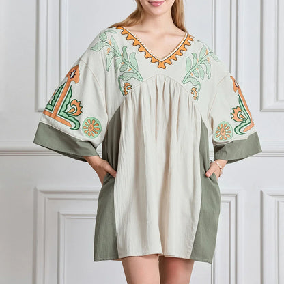 Vestido tipo túnica de mujer con escote en V y bordados decorativos – MABRIELA