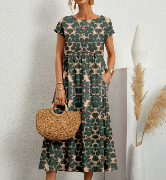 Vestido Midi Fluido para Dama con Estampado Gráfico y Manga Corta – ZITA