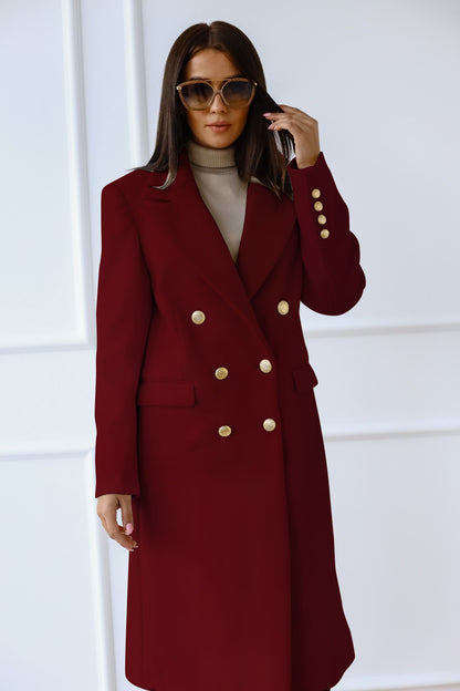Savannah - Abrigo Largo Elegante de Mezcla de Lana con Cuello en V de Doble Botonadura para mujer Rojo