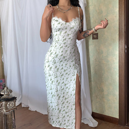 Mariona - Vestido Largo de Fiesta de Encaje y Estampado de Invitada Boda Verano 2024 Para Mujer Verde