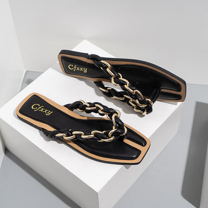 Aura - Sandalias Planas de Playa y Verano para Mujer con Cadenas Decorativas para Exterior