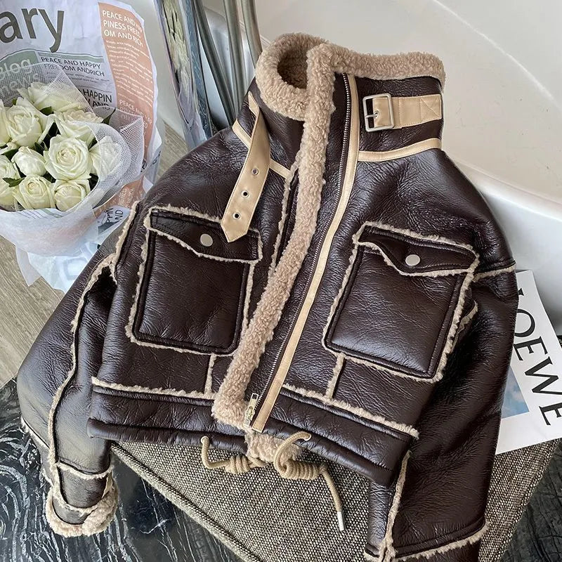 THALASSA - Chaqueta de cuero con cremallera, forro polar y bolsillos delanteros para mujeres