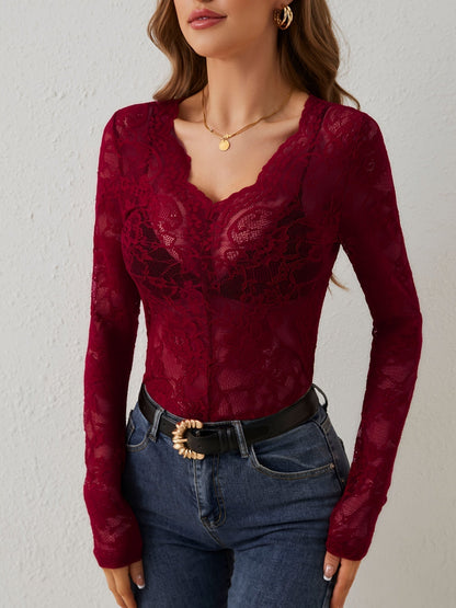 Body ajustado de encaje con mangas largas para mujer – DELIA