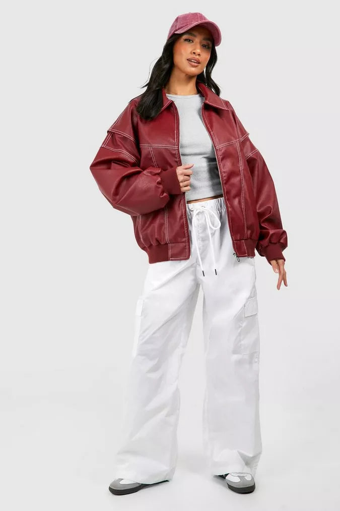AGNES - Chaqueta bomber de cuero oversize con costuras contrastantes para mujeres