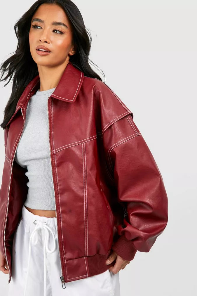 AGNES - Chaqueta bomber de cuero oversize con costuras contrastantes para mujeres