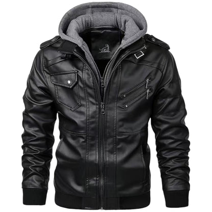 FABIO - Chaqueta de cuero con capucha y cremallera para hombre