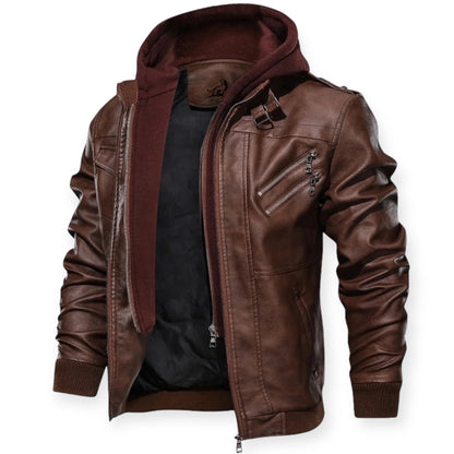 FABIO - Chaqueta de cuero con capucha y cremallera para hombre