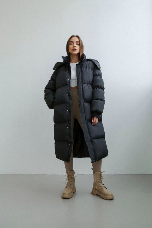 Abrigo largo acolchado oversize para mujer con capucha – VELANNA