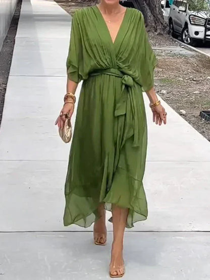 Vestido cruzado midi con cinturón y escote en pico – NAELLA