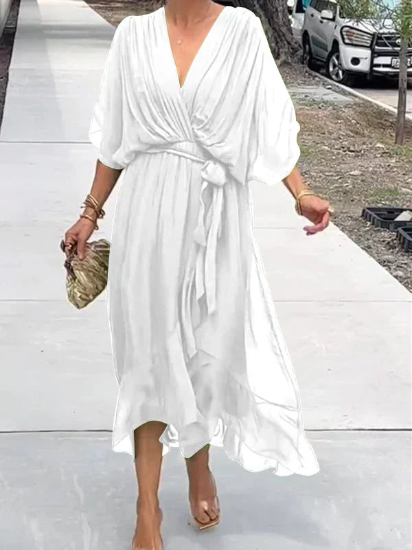 Vestido cruzado midi con cinturón y escote en pico – NAELLA