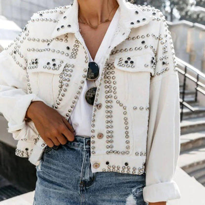 ROBERTA – Chaqueta de cuero retro con perlas para mujer