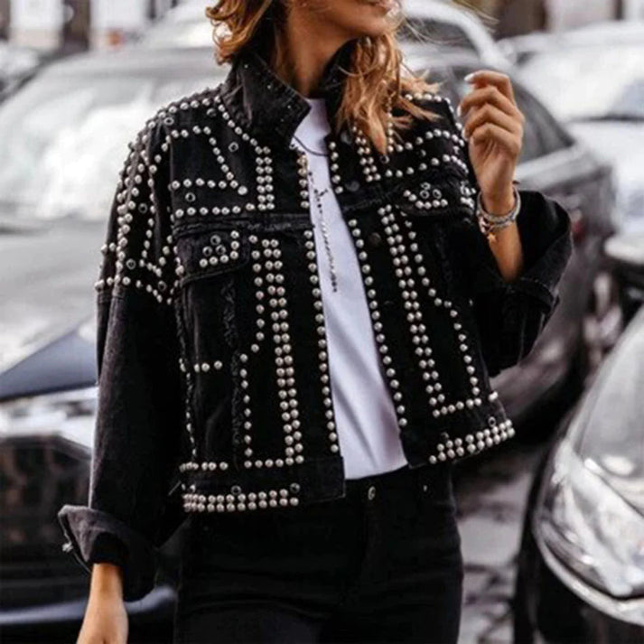 ROBERTA – Chaqueta de cuero retro con perlas para mujer