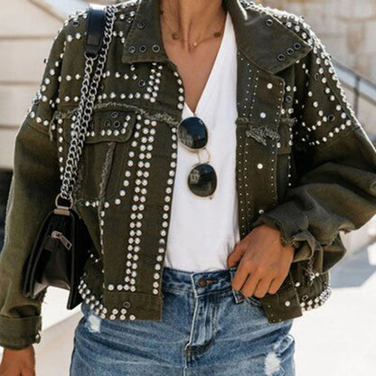 ROBERTA – Chaqueta de cuero retro con perlas para mujer