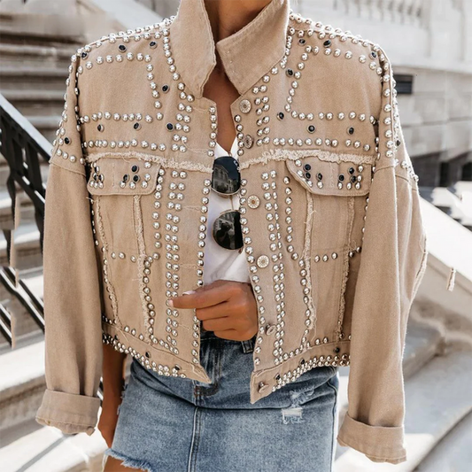 ROBERTA – Chaqueta de cuero retro con perlas para mujer