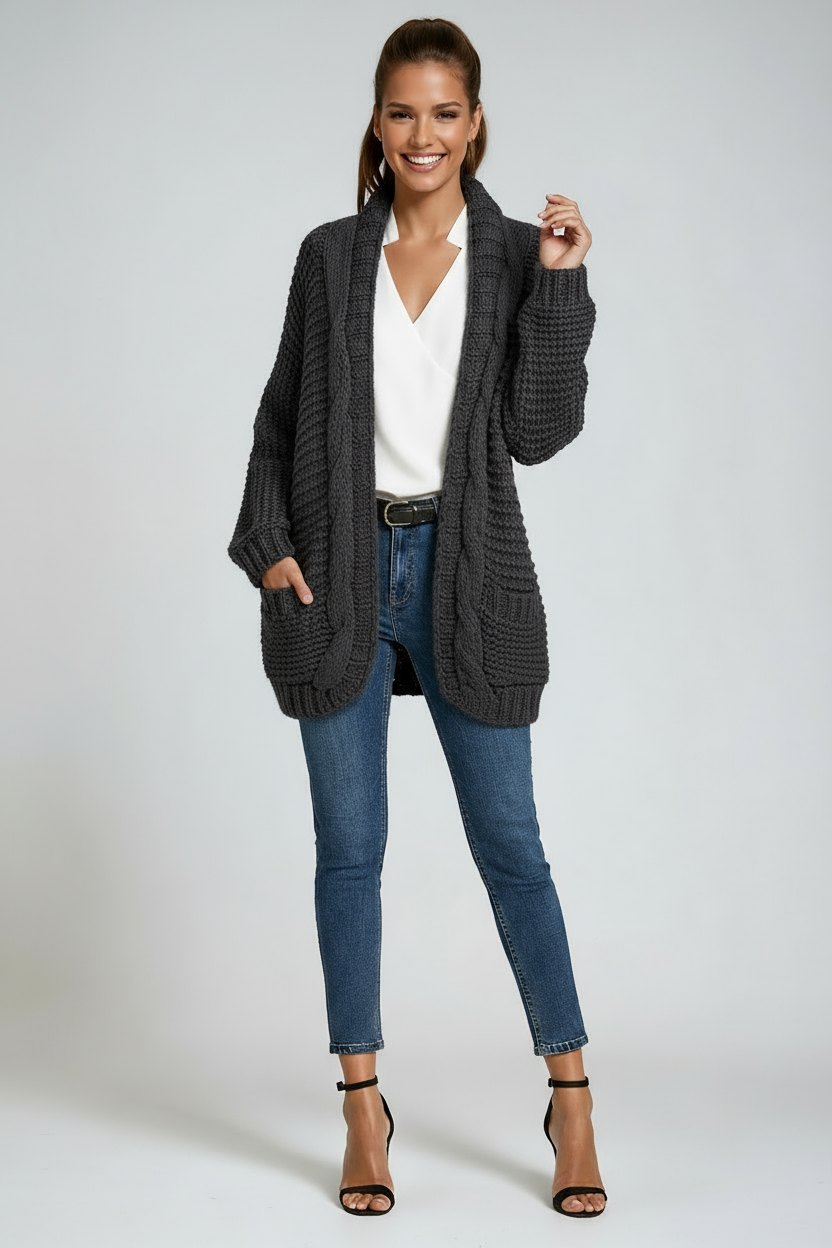 Chaqueta larga de punto para mujer con bolsillos – ELIARA