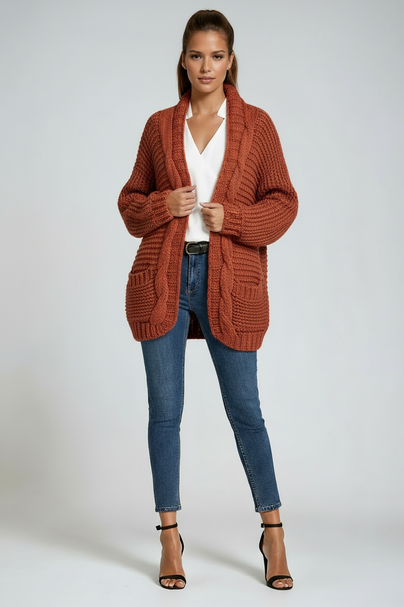 Chaqueta larga de punto para mujer con bolsillos – ELIARA