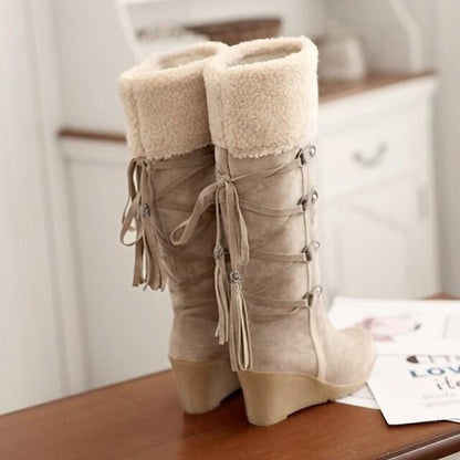 LIDIA – Botas cowboy casual de ante hasta la rodilla con tacón para mujer