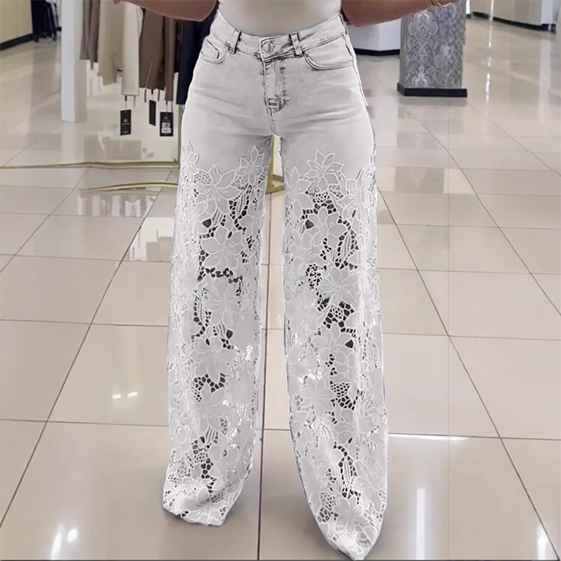 Jeans rectos de mujer con paneles transparentes y motivo floral – IZAREL